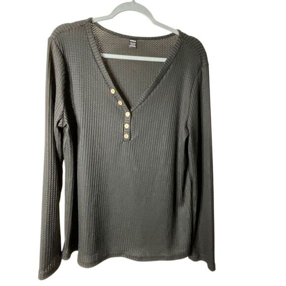Shein Womens Black Stretch Ribbed Waffle Knit Henley T-Shirt XL NWOT - Picture 1 of 6